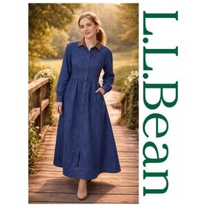 L.L. Bean Vtg Denim Button Down Long Sleeve Modest Minimalist Midi Dress 12